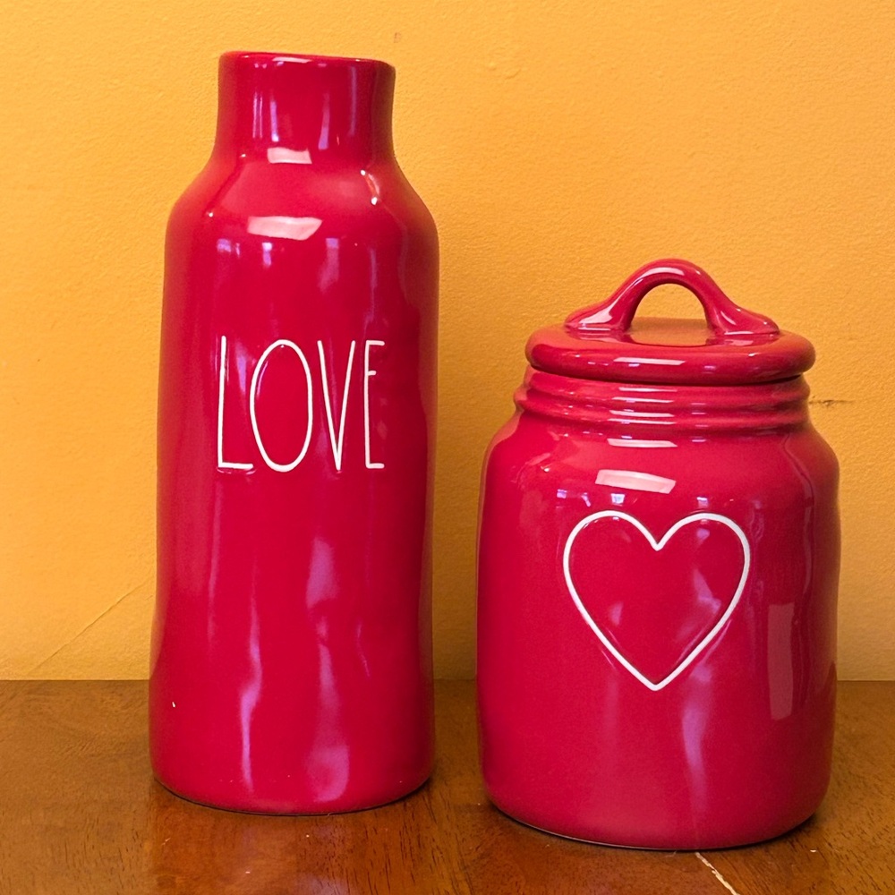Rae Dunn Red Ceramic Love Vase and Heart Canister Set - Home Accents